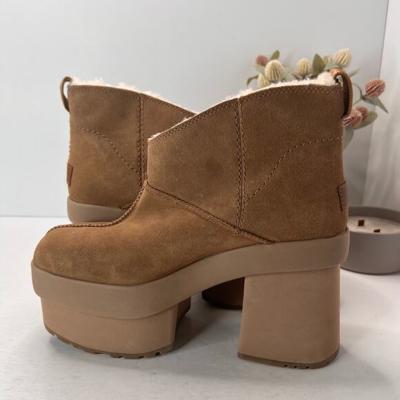 UGG Classic Mini New Heights Platform Suede Boots Chestnut Women's 10 Tried On - Picture 7 of 11